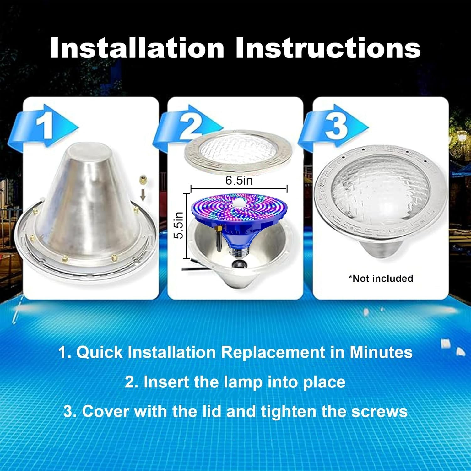 RGBW LED Swimming Pool Light Bulb 120v 90W 12 Color Modes Remote Control E26 