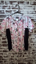 Cherokee Large Scrub Top Short Sleeves Black Pink White Flowers Nursing