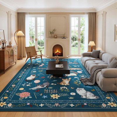 Dark Blue Cat Area Rug 8X10 - Soft, Washable, Non-Slip for Home & Kids