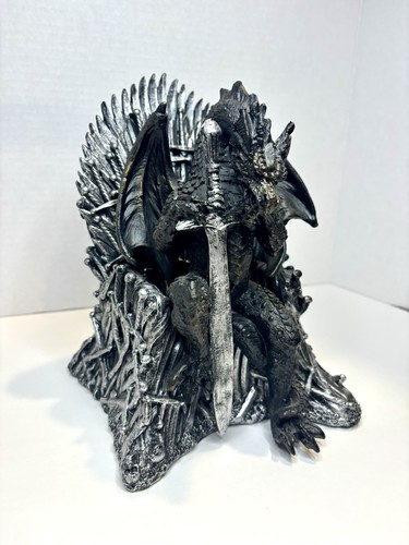 Fantasy Dragon Figurine on Iron Throne Statue, Black/Silver