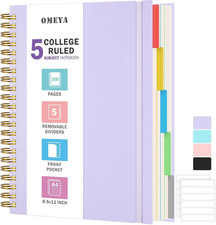 Spiral Notebook 8.5" X 11", 5 Subject Notebooks College Ruled with Removable Div