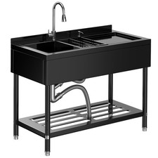 Freestanding Double Basin Utility Sink Stainless w/ 360 Pull-Out Faucet Shelf