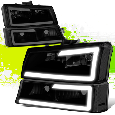 LED DRL Headlight w/Bumper Lamp for Avalanche Silverado 03-07 Tinted Clear Pair