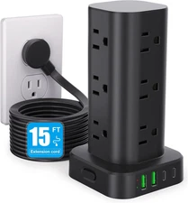 Power Strip Tower with Multiple Outlets, Flat Plug Surge Protector Tower Extensi