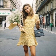 Faithful The Brand Daphne Floral Yellow Mini Skater Dress Size S