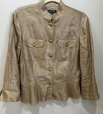 Lauren Ralph Lauren 100 Linen Equestrian Military Gold Peplum Jacket Size 12