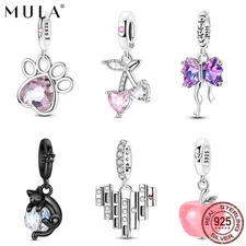 European 925 Sterling Silver DIY Charm CZ Black Cat Pendant For Women Bracelet