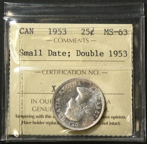 1953 Canada  25 Cents ICCS Small Date Double 1953 MS63 NSF #25037