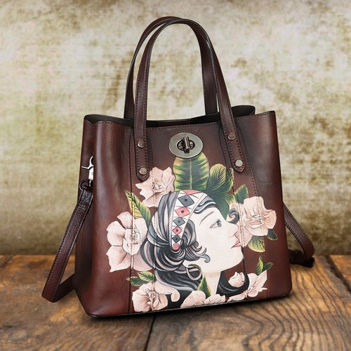 Genuine Leather Purses and Handbags Women Hand painted Shoulder Bag Tote Bag - Picture 2 of 21
