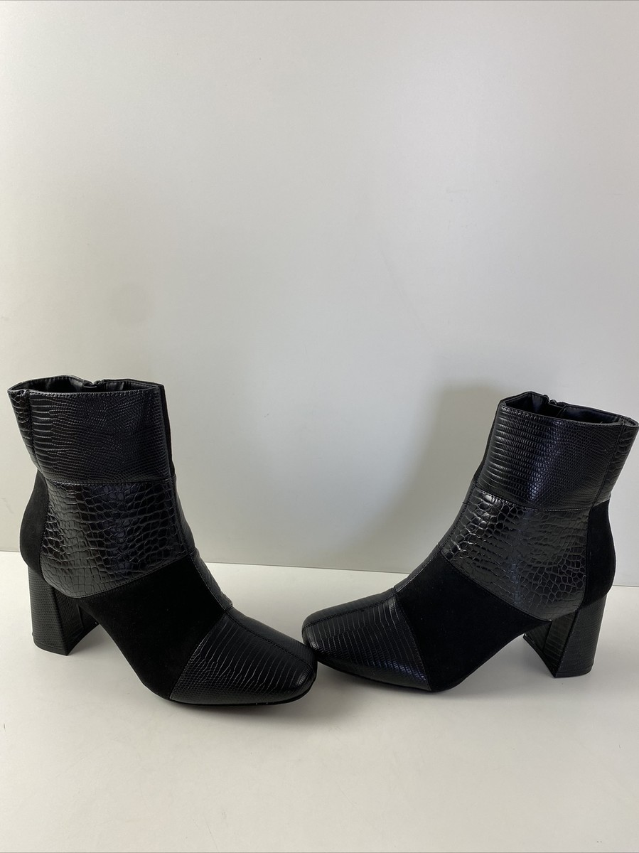 Sugar ELEMENT Black Faux Leather/Fabric Side Zip Block Heel Ankle