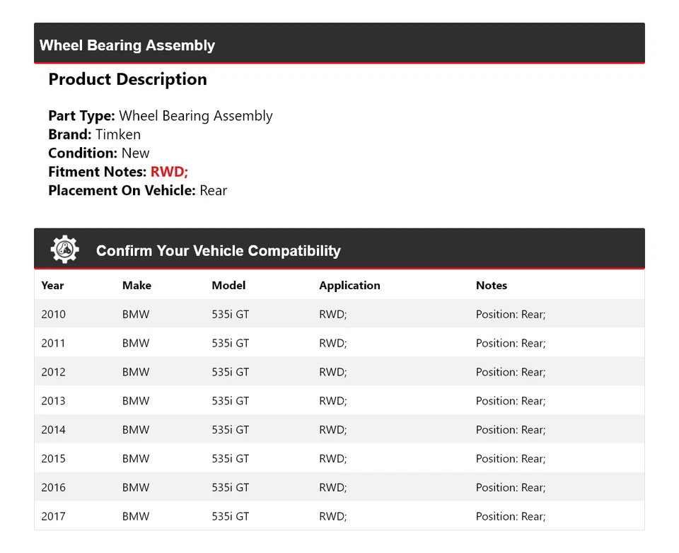 Задний подшипник колеса в сборе для BMW 535i GT RWD 2010-2017 годов выпуска Timken 2011 2012 2013 годов выпуска - Изображение 2 из 4