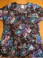 Scrubstar Scrub Top Small  EUC  BLACK WITH FLOWERS