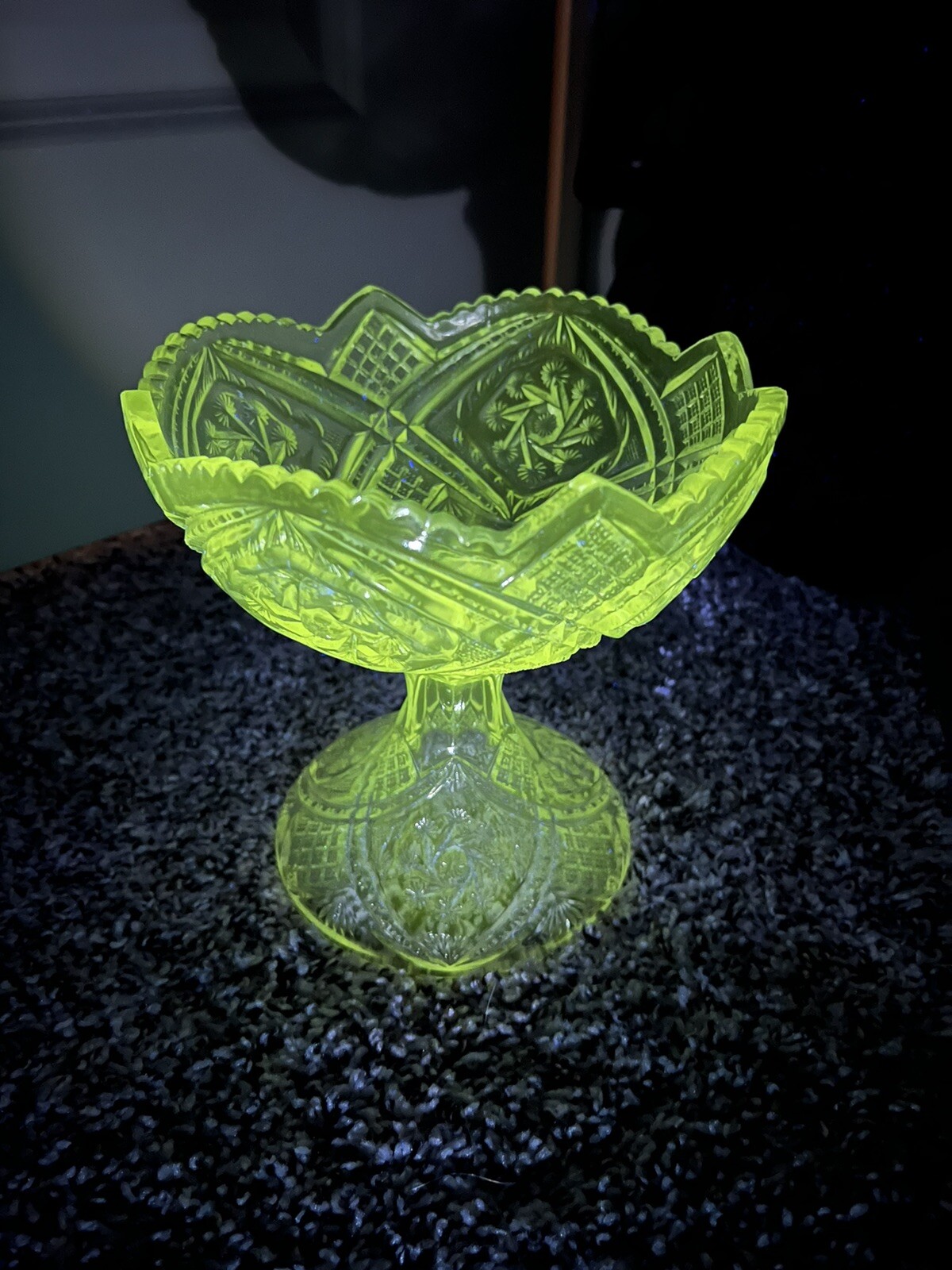 Manganese Glass Candy Bowl. Uv 365 Uranium Green Glow. Depression Glass