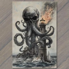 4x6" Skull Octopus Wrapped Around Lighthouse Detailed Nautical Fantasy