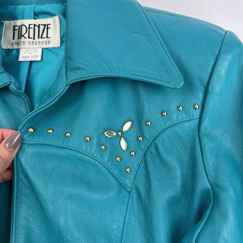 VTG Firenze Santa Barbara Turquoise Studded Beaded Genuine Leather Jacket L/S - Picture 6 of 16