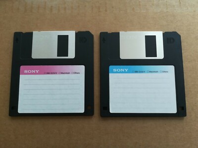 2x Sony Floppy Disk 1.44MB with new Label 3.5'' High Density Sony MFD-2HD 