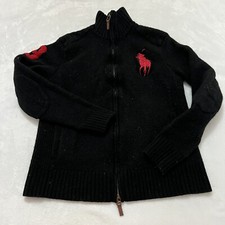 Polo Ralph Lauren Lambs Wool Sweater Kids Medium Black Full Zip Red Big Pony 3