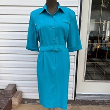 Vintage 80s Teal Belted Shirt Dress with Pockets. Made in Canada