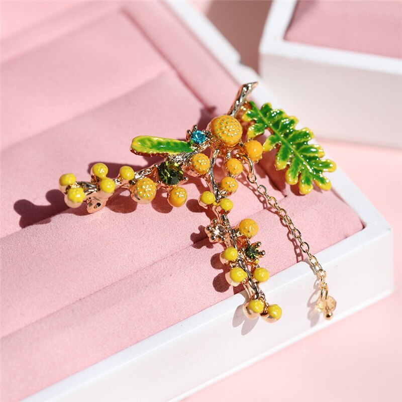 Retro Style Enamel Mimosa Brooch Corsage Coat Pin Plant