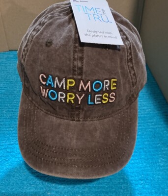 Time And Tru ''Camp More Worry Less'' Brown Denim Embroidered Strapback Hat -New