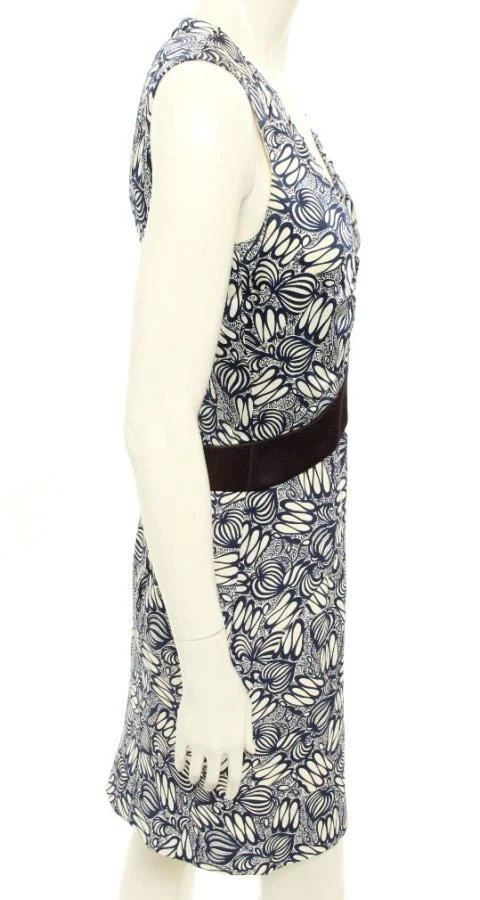 CELINE Abito in guaina collo a V blu navy e crema seta stampa batik 38