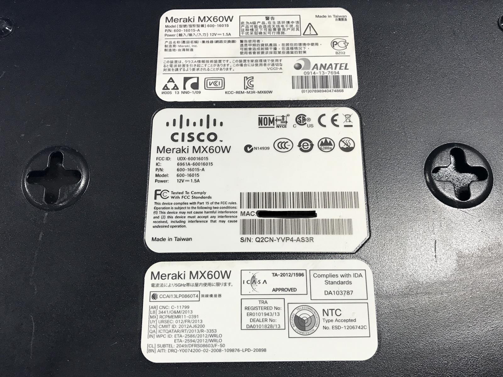 Cisco Meraki MX60W Cloud Managed Small Branch Security Appliance Unclaimed