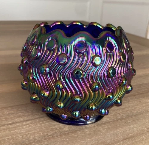 Fenton Carnival Hobnail Swirl Glass Rose Bowl Vase Iridescent Vtg Marked 80’s