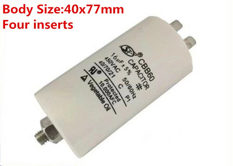 Condensatore di spunto per motori elettrici, 450V, capacità: 16µF, 4 pin. Condensatore di Avviamento con dado M8. Per Pompe, Compressori, Lavatrici
