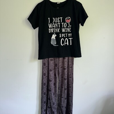 “I Just Want To Drink Wine Pet My Cat” Pajamas Womens Size