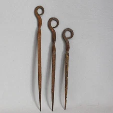 3 Antique Vintage Forged Iron Tent Stakes Spikes 7 3/8" 6 7/8" 6"