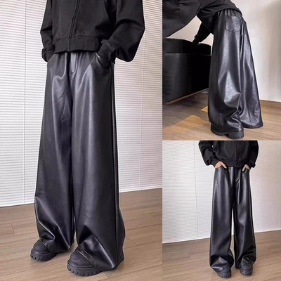 Kunstleder Retro Herren locker weites Bein gerade volle Länge Hose schwarz - Bild 1 von 4