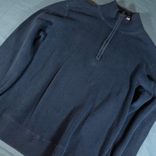 Vintage Polo Jeans Ralph Lauren Mens Navy Blue Ribbed Cotton 1/4 Zip Sweater L
