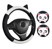 Cartoon Soft Leather Steering Wheel Cover Set Cute Steering Wheel Black