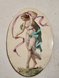 Antique European Hand Painted Porcelain Oval Plaque. Nude Lady Dancer