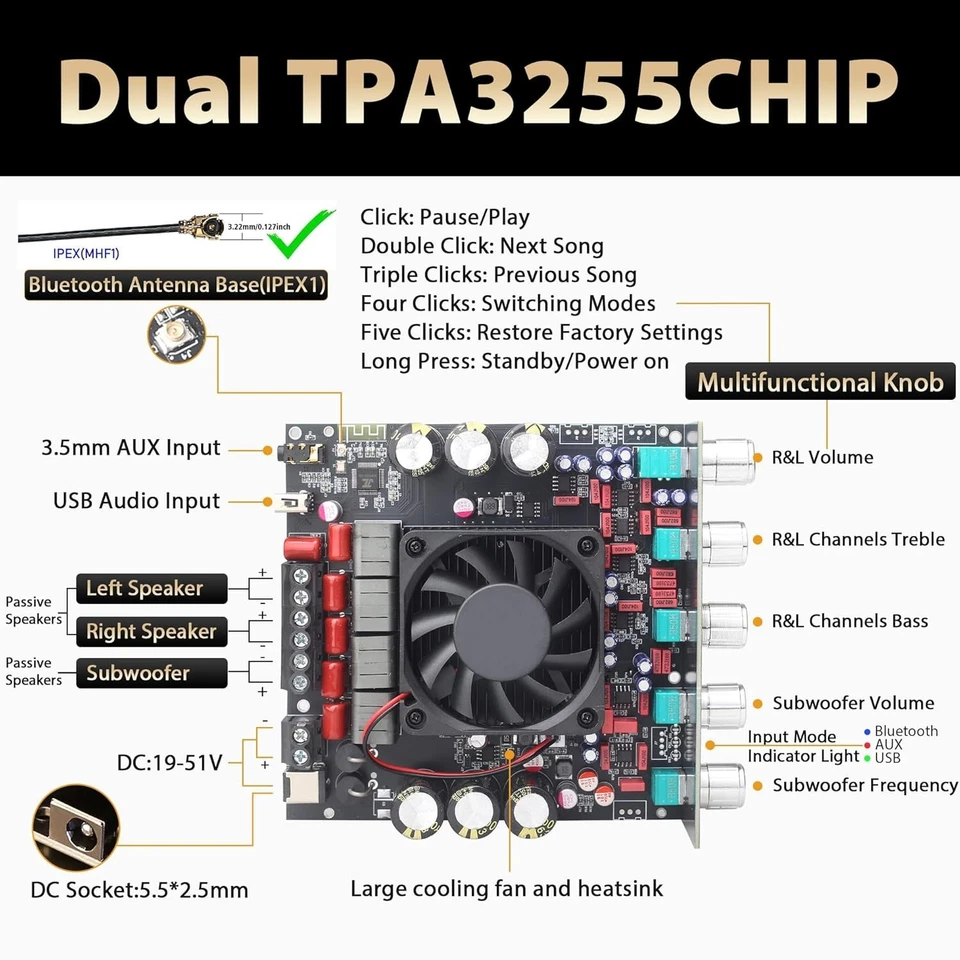 Dual Chip Stereo Amplifier Board, Bluetooth 5.2, 600W Output - Image 4 of 4