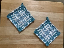 Handmade 2 Cotton Woven Potholders 3 Colors Powder Blue Robin's Egg Blue White