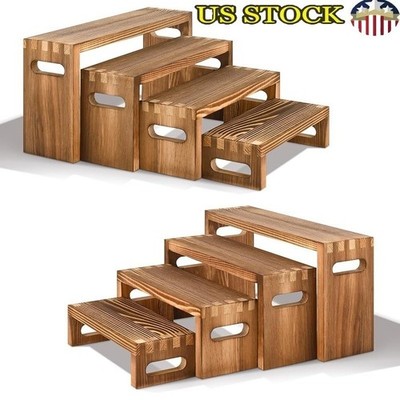 Wooden Riser Display Stands 4 Tier Storage Rack Natural Solid Wood Organizer New