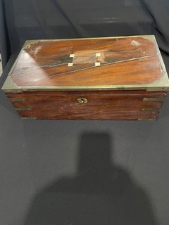 Antique Brass Bound Burr Mahogany Writing LAP Desk W/ Secret Compartment