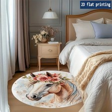 1pc Pastel Horse with Floral Crown Round Mat - Soft Pastel Pink Floral Crown D