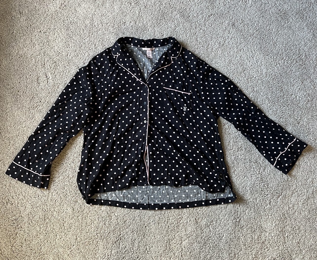 Victoria's Secret Women's Black Long Sleeve Pajama Shirt With Pink Polka Dots L