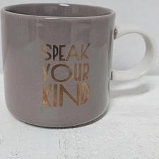 Starbucks Mug Speak Your Kind Gray White 12oz Ceramic 2017 Coffee Cup Gold Text