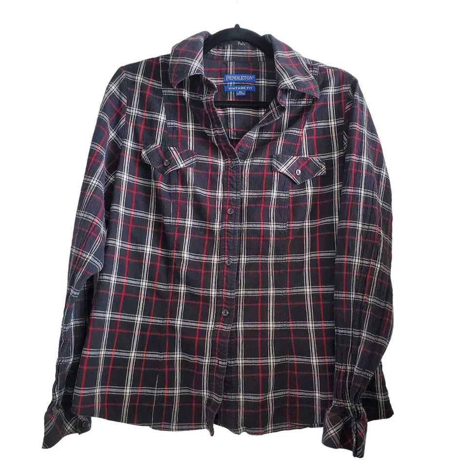 Camisa Pendleton para mujer vintage de algodón negra y roja a cuadros con botones - talla XL Foto 2 de 4