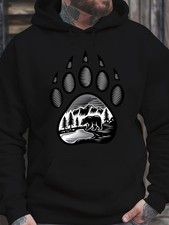 Men'S Cozy Bear Paw Print Hoodie -Warm Velvet Sweatshirt w/Mountain & Wildlife D