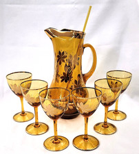 Art Deco Romanian Gold Trimmed Amber Blown Glass Pitcher Stirrer 8 pc Set Floral