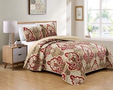 Kids Zone Home Linen Bedspread Set Damask Pattern Taupe Burgundy Brown