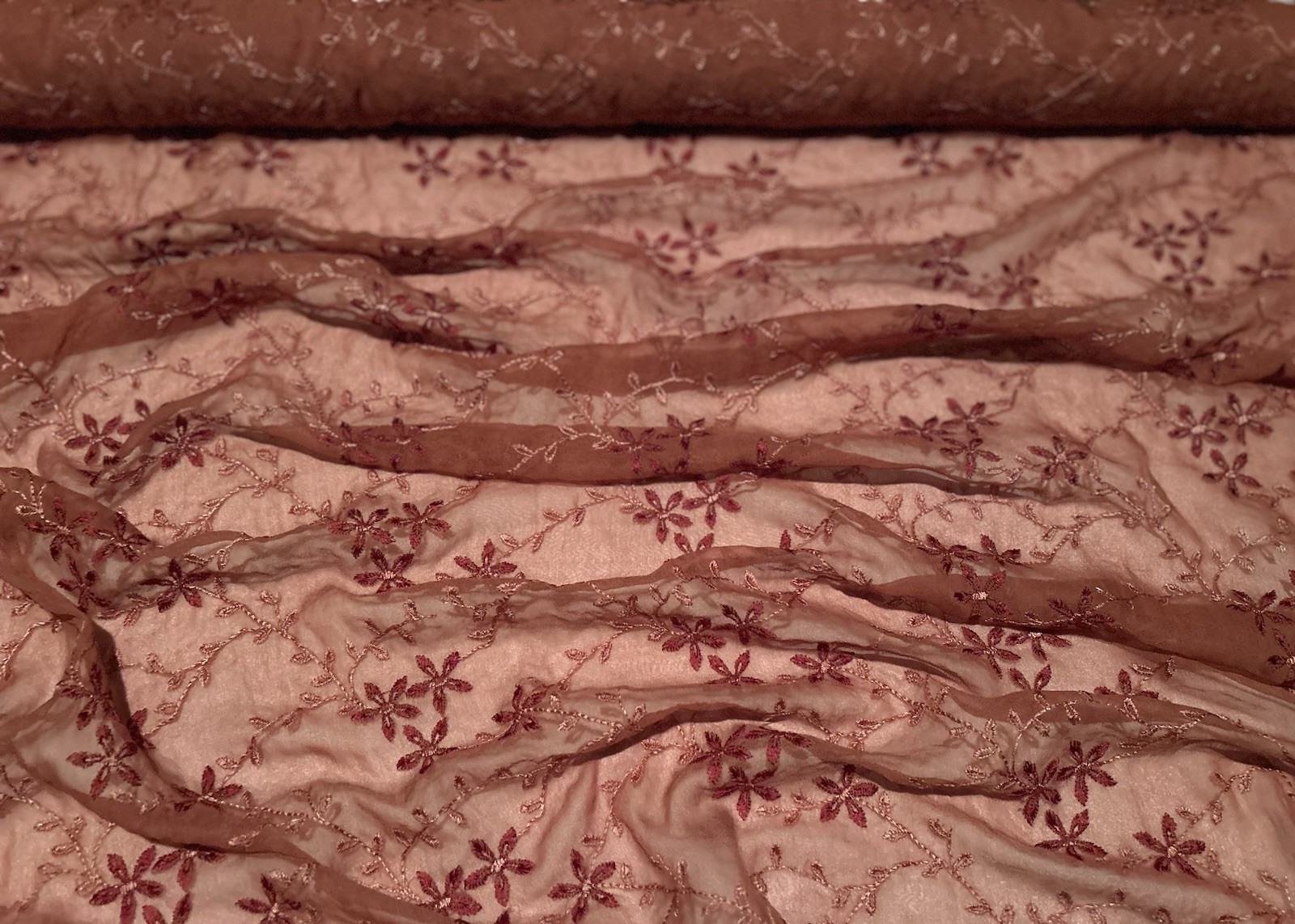 Brown Embroidery on Rose 100% Silk Chiffon Fabric, 44" W, By Yard (EB-761)