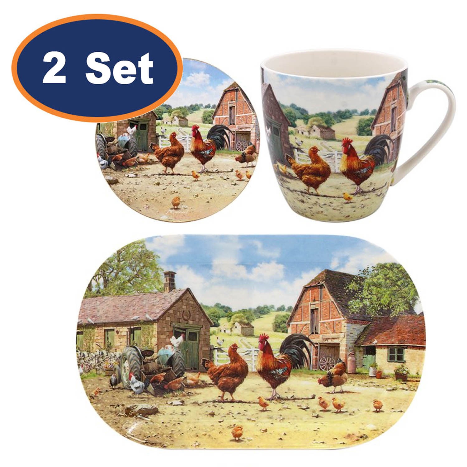 Mug Coaster Tray Tea 2-Set Cockerel & Hen Kitchen Tableware Farm Print Design