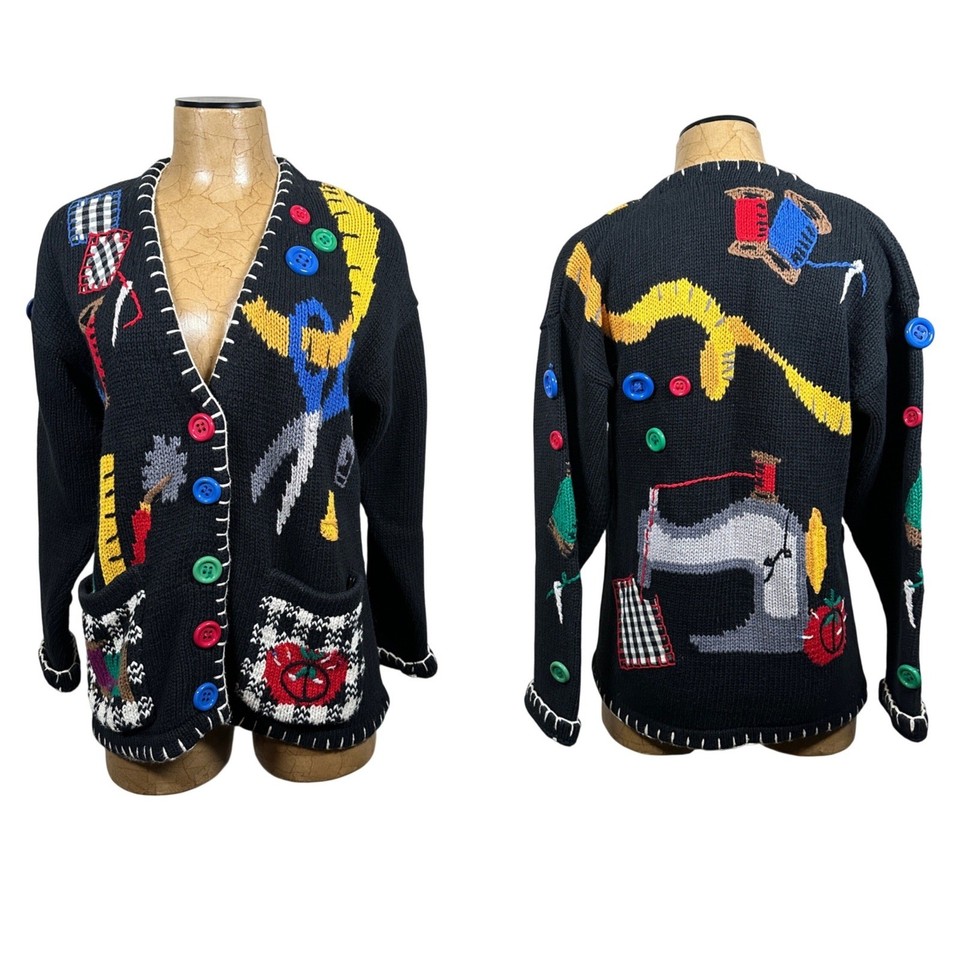 A BellePointe ramie-cotton novelty cardigan with vintage sewing motifs — a rare find for craft-obsessed fashion lovers.