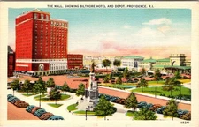 The Mall, Biltmore Hotel and Railroad Depot, PROVIDENCE, Rhode Island Postcard