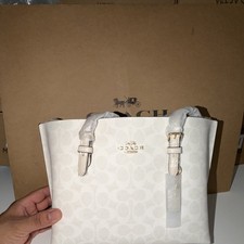 Coach Mollie 25 Tote White Chalk Logo Buckle Accent Gold Hardware Zip Closure